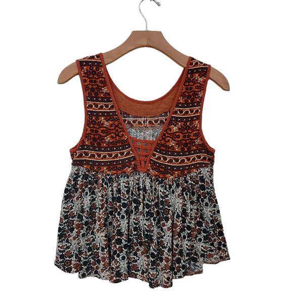 Free People Boho Top Womens Small Brown Sleeveless Pleated Round Neck Floral - Picture 2 of 8